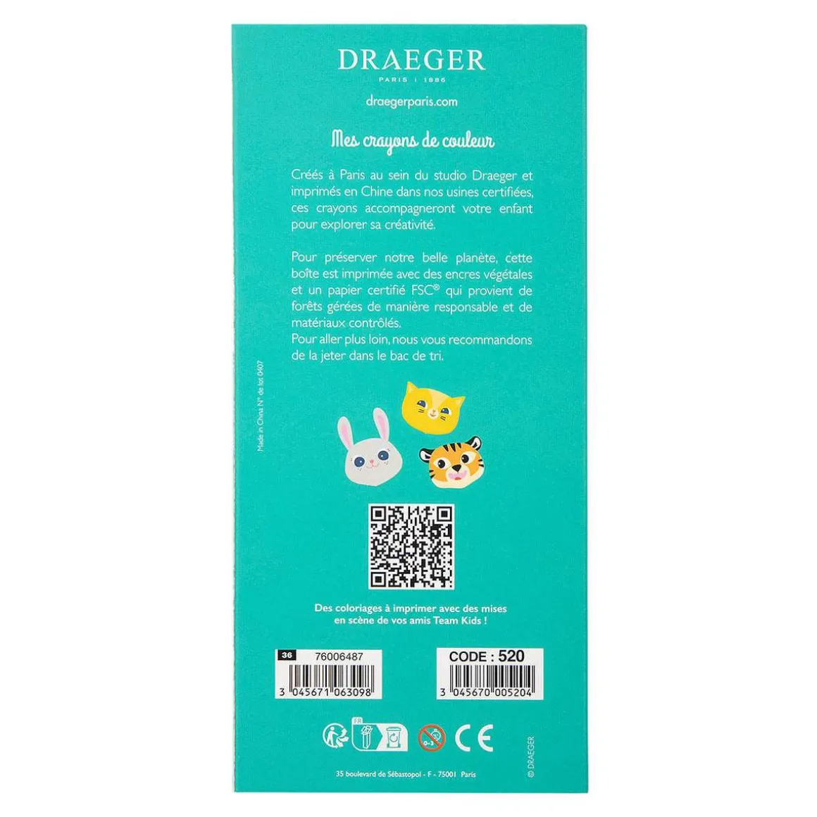 Fournitures Scolaires*Draeger Paris 8 crayons de couleur ours